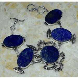 Vintage Lapis Lazuli Statement Bracelet Silver Tone Boho Artisan Link Bracelet
